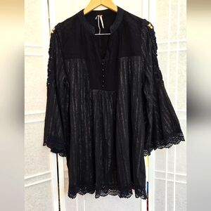 NWOT! Free people black cotton dress with lace and metallic threads
